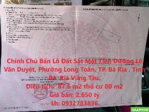 Chính Chủ Bán Lô Đất Sát Mặt Tiền Đường Lê Văn Duyệt, Phường Long Toàn, TP. Bà Rịa