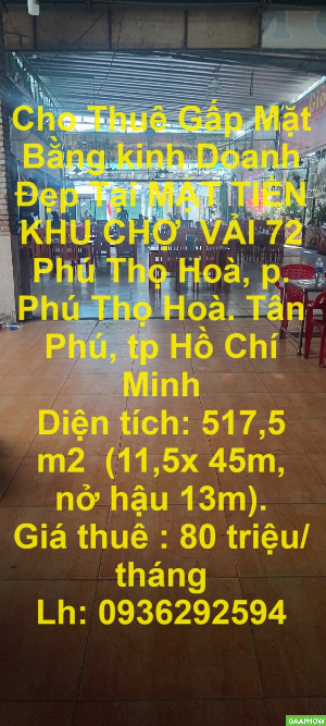 Cho Thuê Gấp Mặt Bằng kinh Doanh Đẹp Tại MẶT TIỀN KHU CHỢ  VẢI Phú Thọ Hoà, Tân Phú, TP Hồ Chí Minh